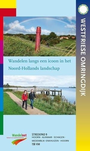 Brochureomslag: twee mensen die langs een waterweg lopen; rode en blauwe panelen; tekst.