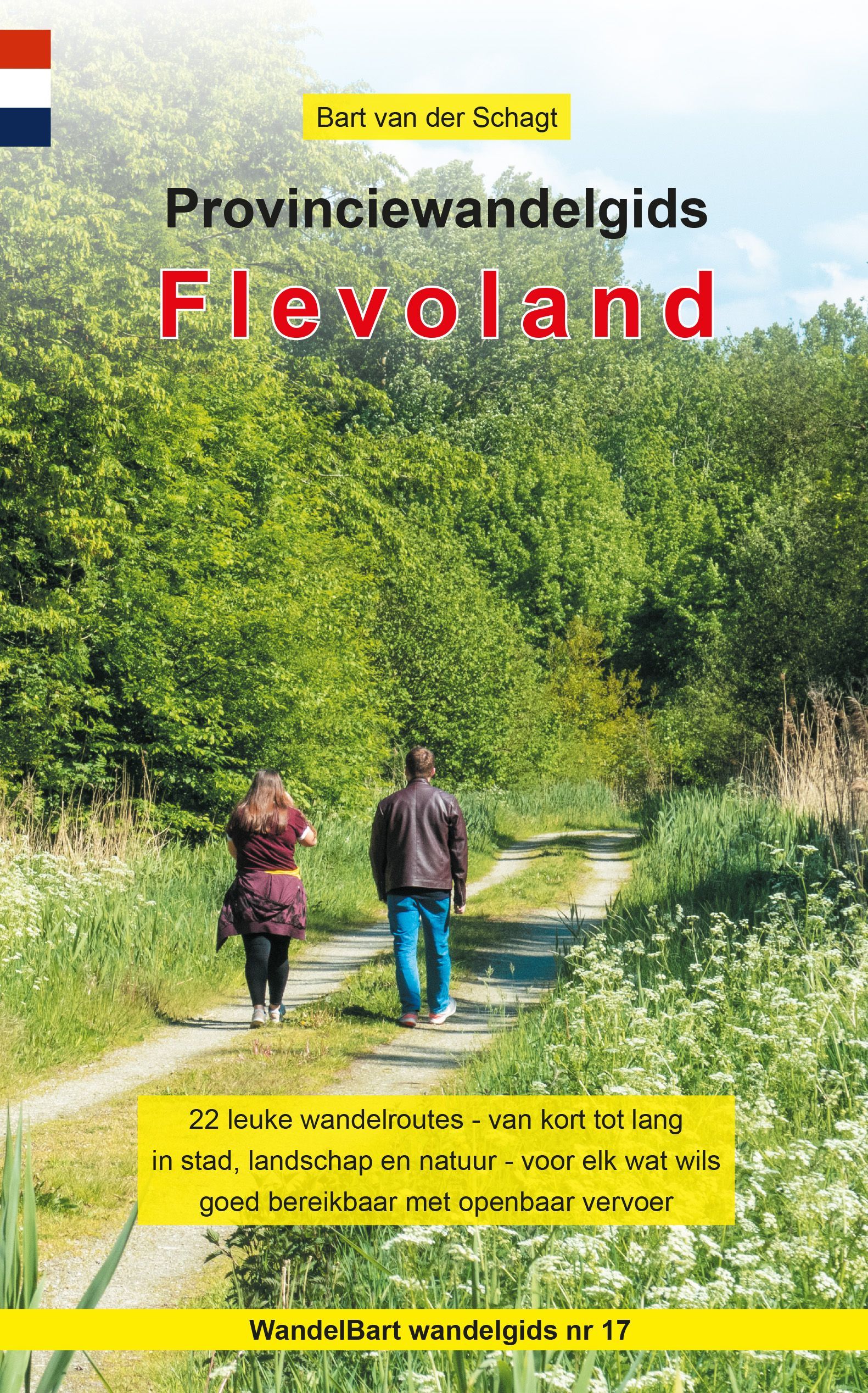 Omslag van een wandelgids voor Flevoland; twee mensen lopen over een pad door weelderig groen.