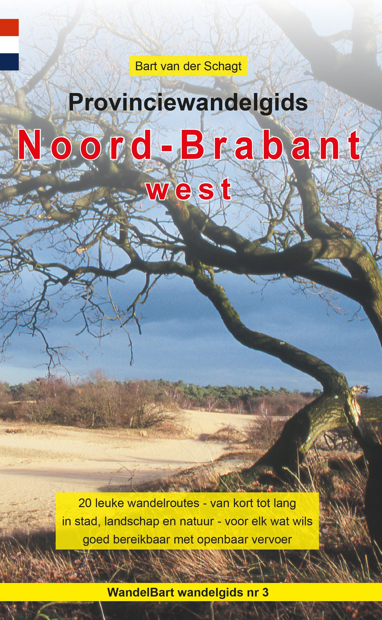 Boekcover: Wandelgids Noord-Brabant, boom in een landschap met duinen, Nederlandse vlag linksboven.