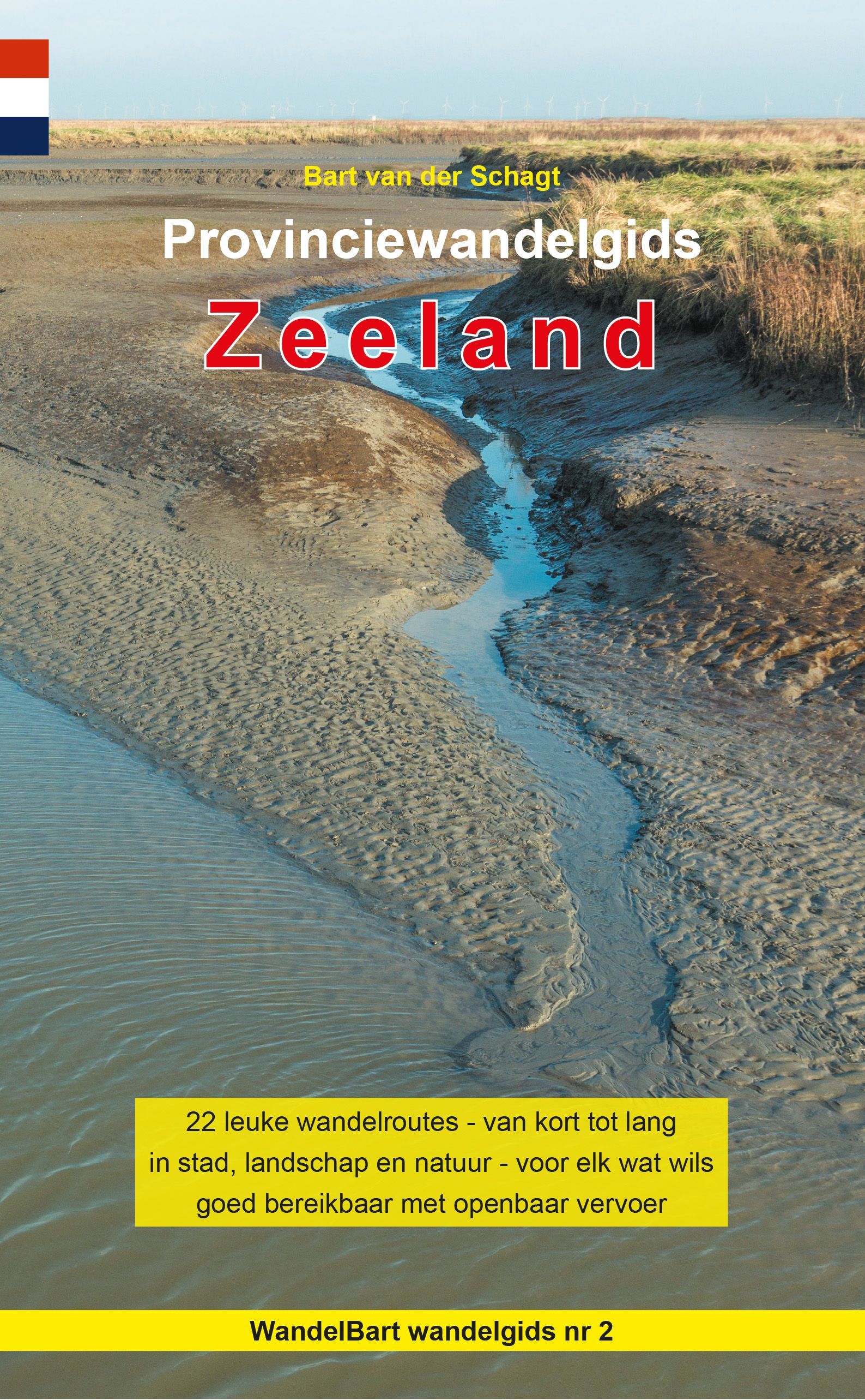 Boekcover: "Provinciewandelgids Zeeland" met een modderig waterlandschap.