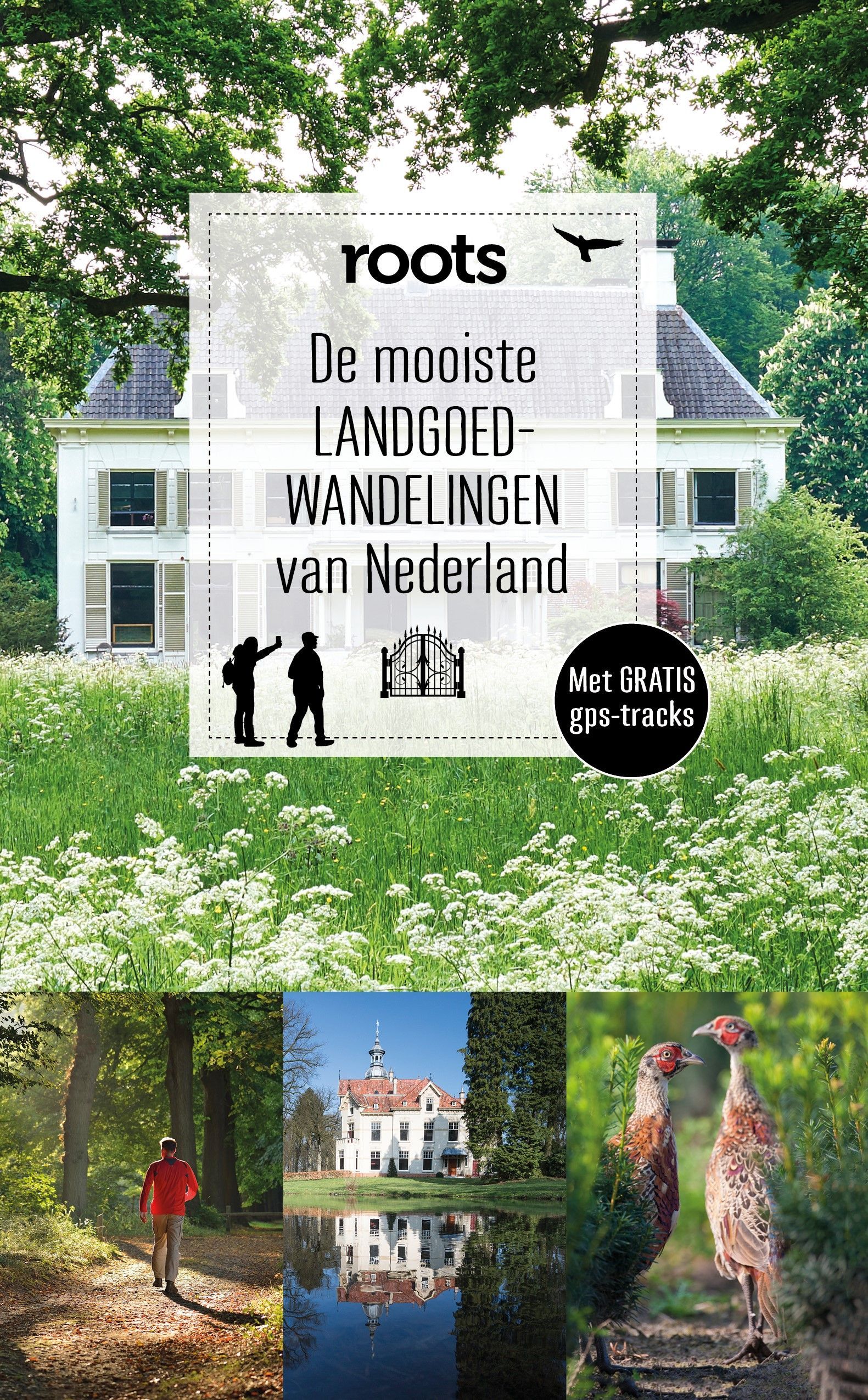 Boekcover: Nederlandse wandelroutes. Wit huis in een veld, mensen, tekst. Natuurfoto's eronder.