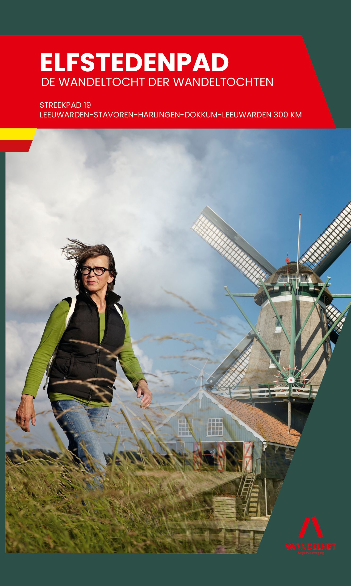 Vrouw wandelend voor een windmolen, omslag van de Elfstedentocht wandelgids.