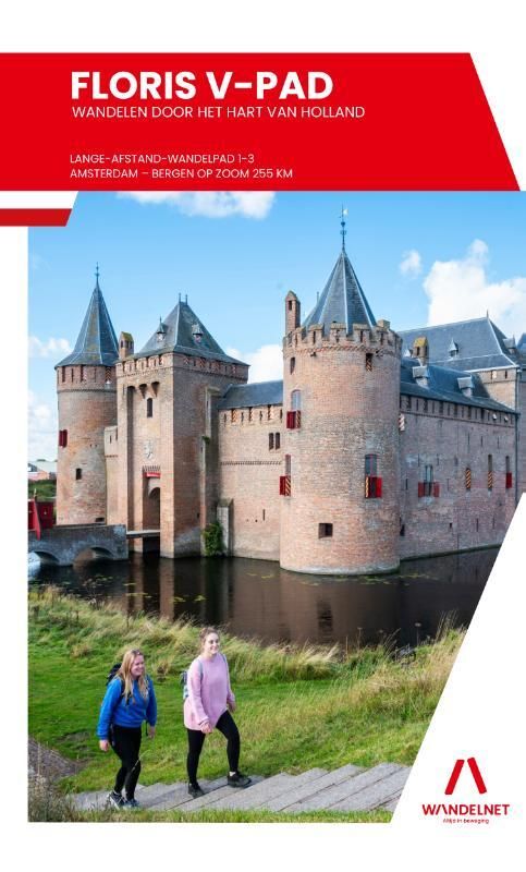 Omslag van een wandelgids: kasteel met gracht, twee vrouwen wandelend, rode tekst, titel 