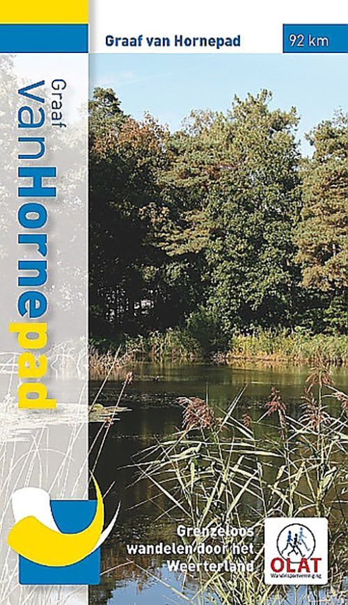 Omslag van een wandelgids: "Graaf Van Hornepad" met uitzicht op een waterpartij en bomen.