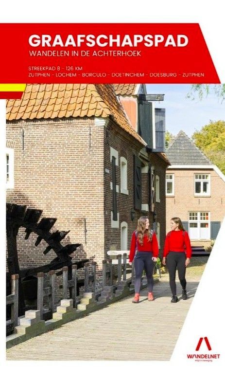 Twee mensen lopen over een pad, vlakbij een molen. Titel: Graafschapspad. Tekst op een rode banner.