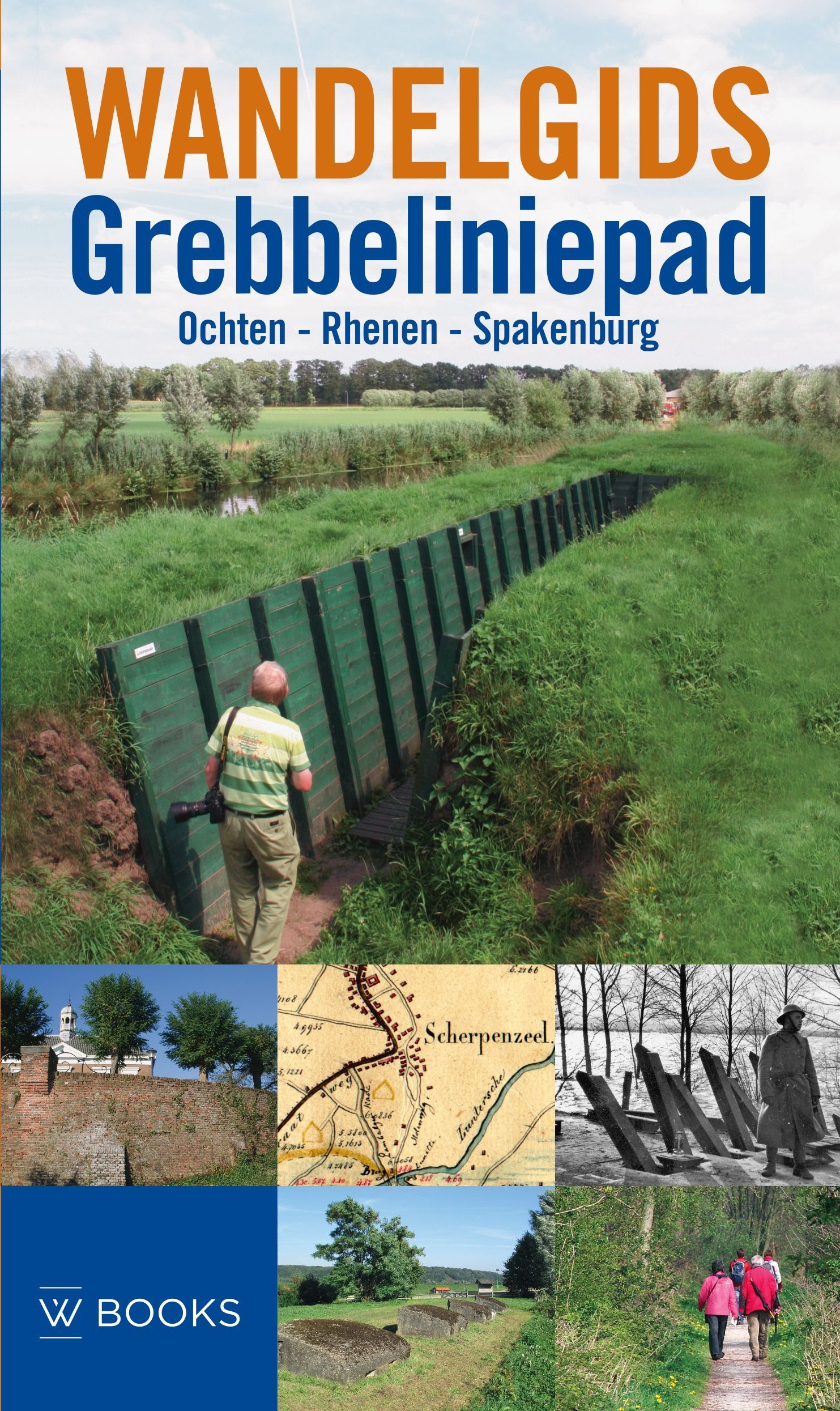 Boekcover voor "Wandelgids Grebbeliniepad" met padfoto en ingevoegde afbeeldingen.