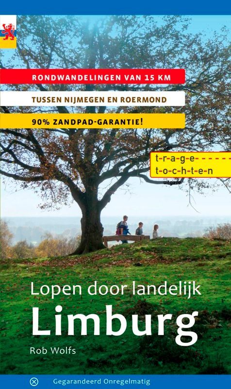 Book cover: "Lopen door landelijk Limburg" with a tree, people, and text in Dutch.