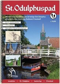 Omslag van een reisgids voor de St. Odulphuspad-route in Friesland, Nederland, met een kanaallandschap en tekst.