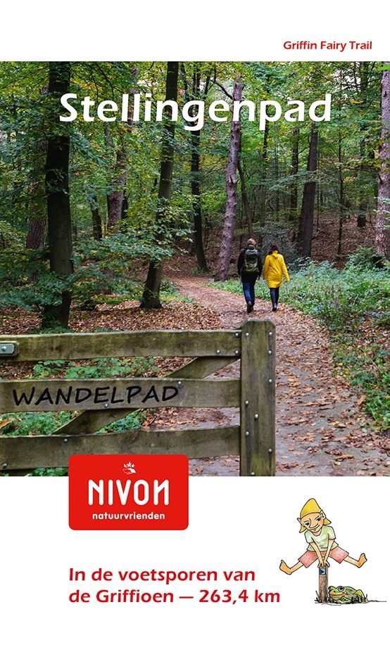 Twee mensen lopen over een bospad; bordje met "Wandelpad". Wandelgids voor het "Stellingenpad".