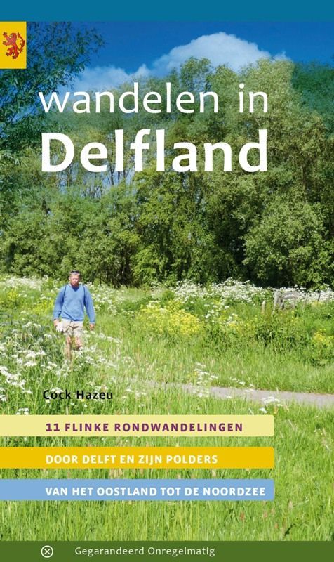 Boekcover: "Wandelen in Delfland". Man wandelend in een veld. Titel, auteur en beschrijving op de cover.