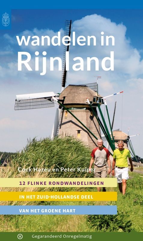 Book cover, title "wandelen in Rijnland" with windmill and hikers in a field.