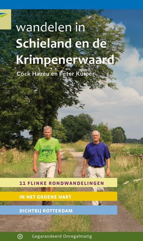 Book cover: Two men walking on a path. Title reads "Wandelen in Schieland en de Krimpenerwaard."