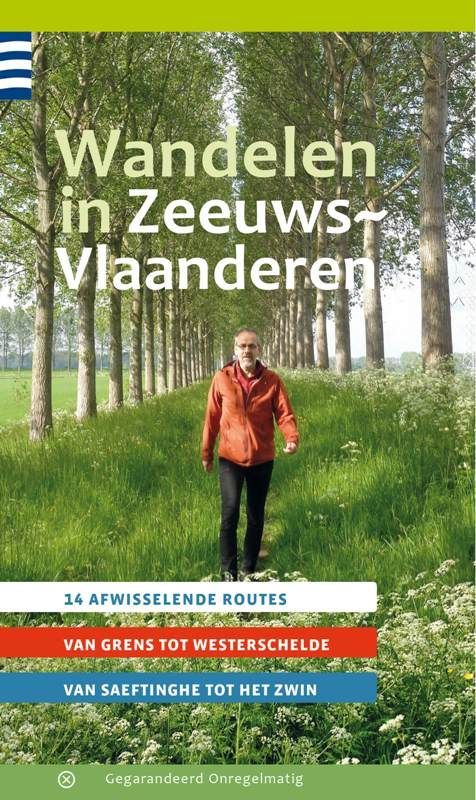 Book cover: Person walking a path in Zeeland Flanders, Netherlands. Text "Wandelen in Zeeuws-Vlaanderen".