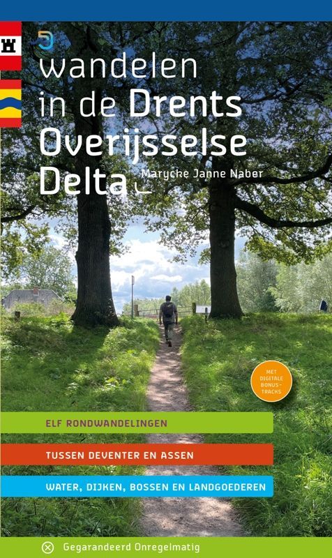 Book cover: Person walking path under trees. Title: Wandelen in de Drents Overijsselse Delta. Text on colorful bars.