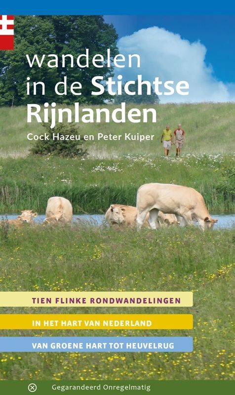 Book cover: "Wandelen in de Stichtse Rijnlanden" with cows grazing by a river and hikers in the background.