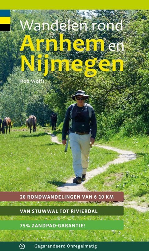 Man hiking on a path in Arnhem, Netherlands, book cover with text 