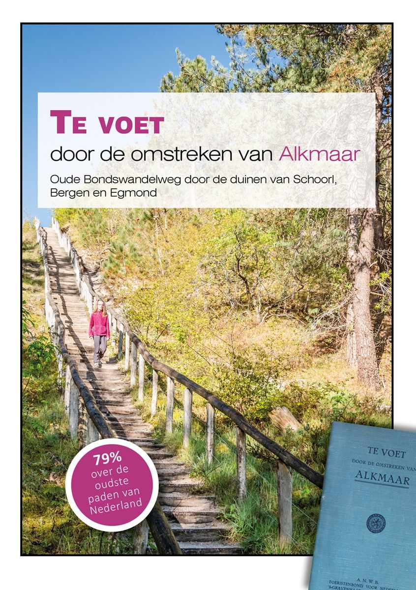 Book cover: A person walks up wooden stairs in the Dutch countryside. Text reads "To voet door de omstreken van Alkmaar."