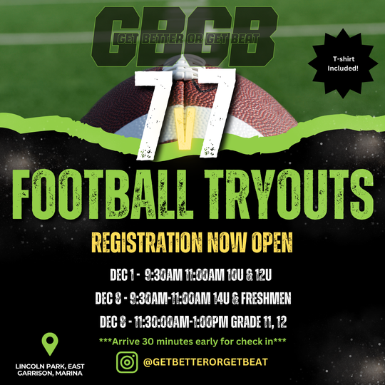 A poster for a football tryout that is now open