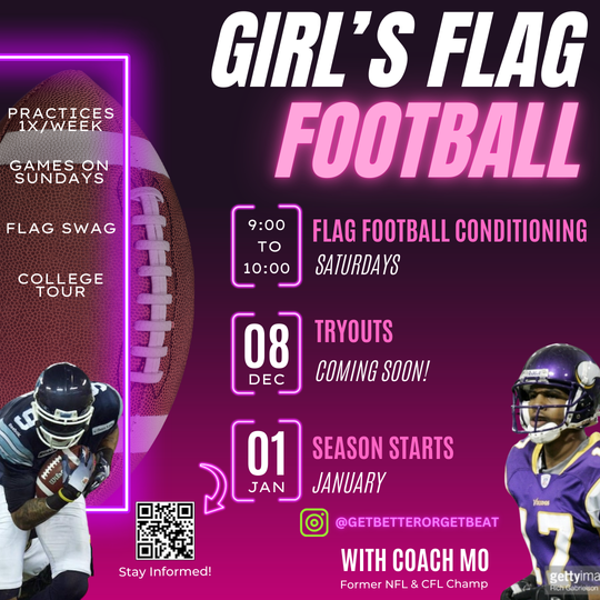 A poster for girl 's flag football with two football players on it