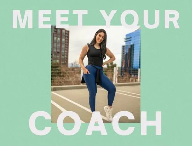 A woman, Noor Kazak is standing in a parking lot with the words `` meet your coach '' above her.