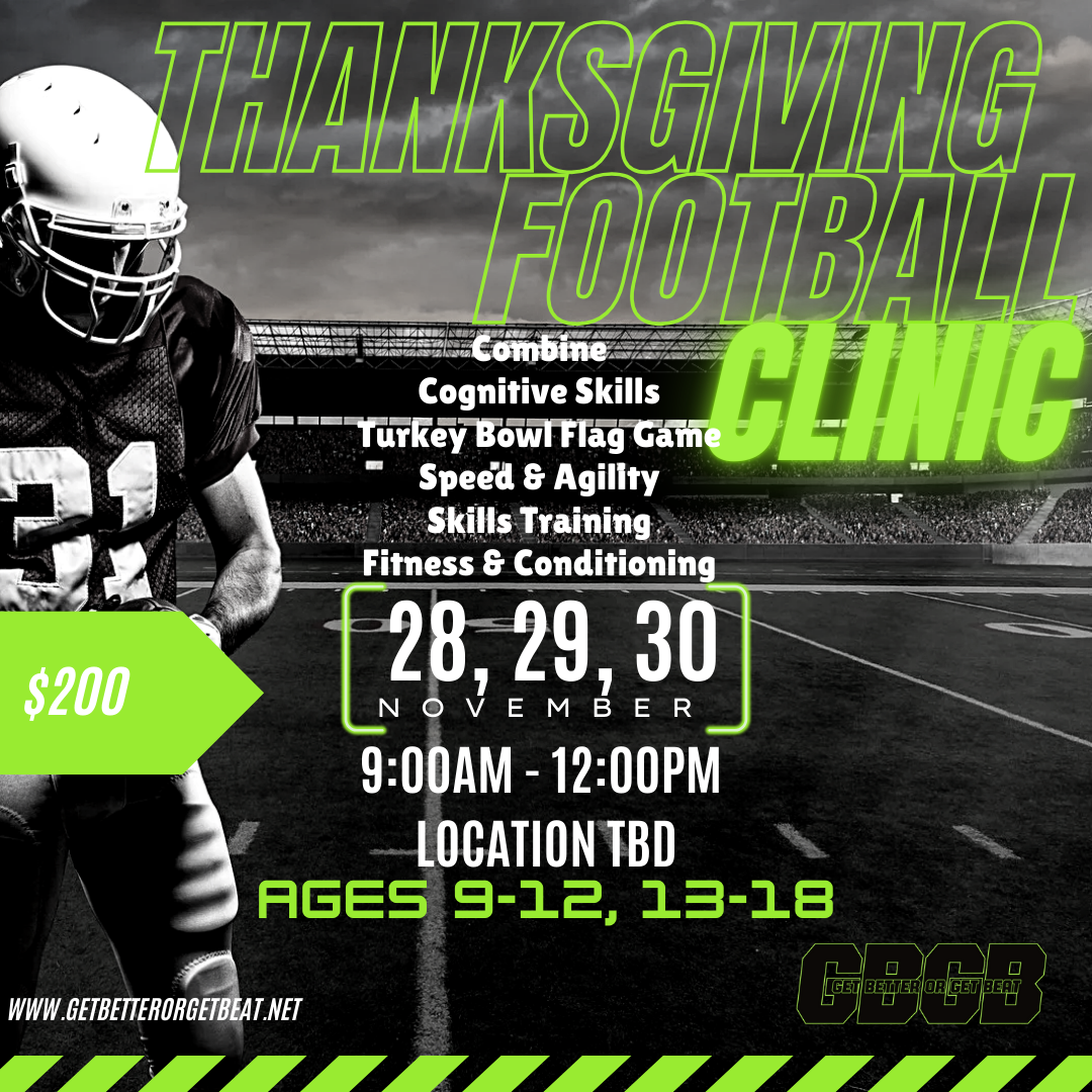 An advertisement for a thanksgiving football clinic