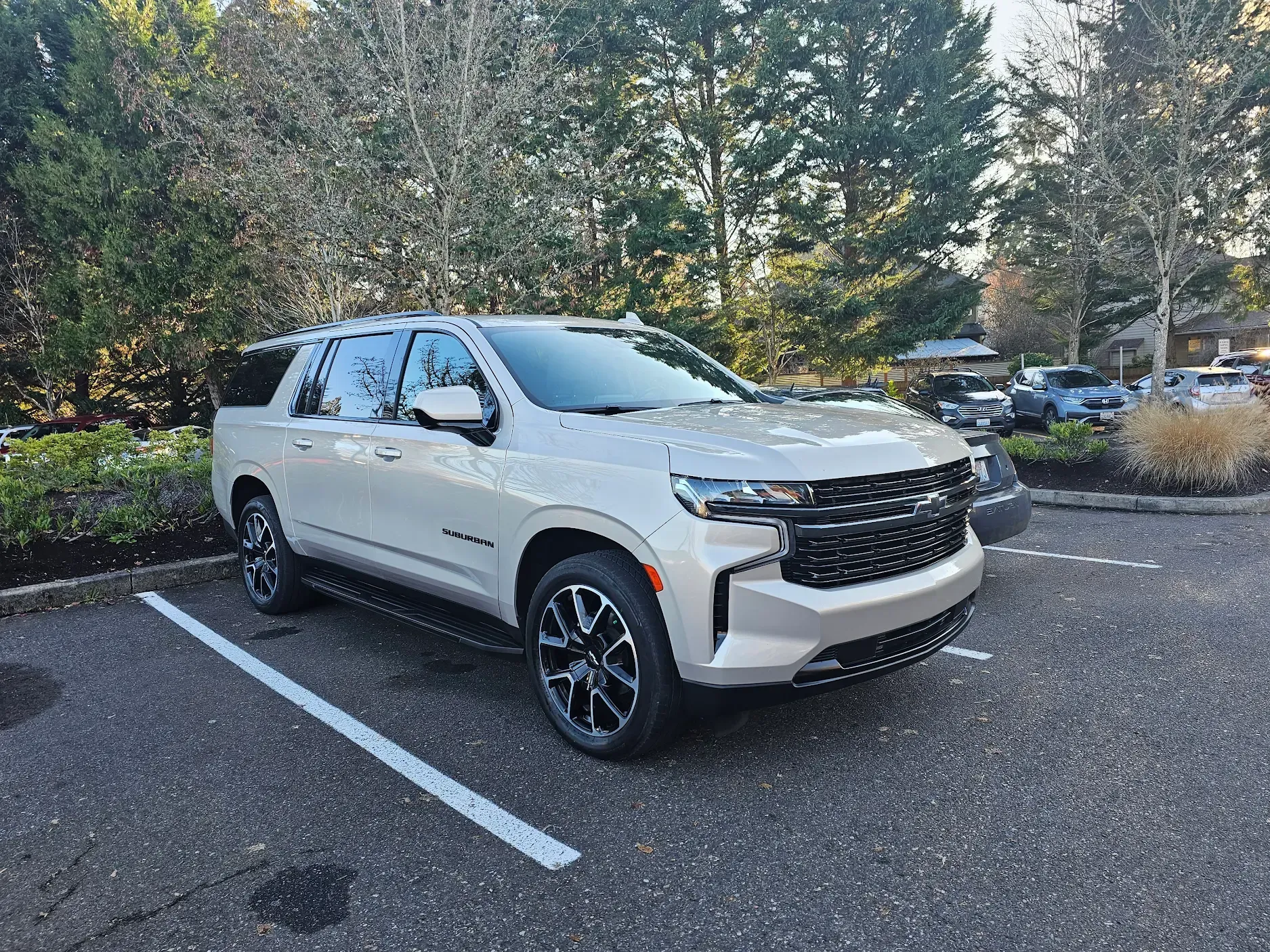 A white suv is parked in a parking lot.