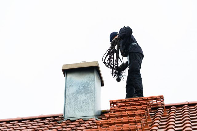 Person working on a roof near a chimney, holding coiled cables over red tiles