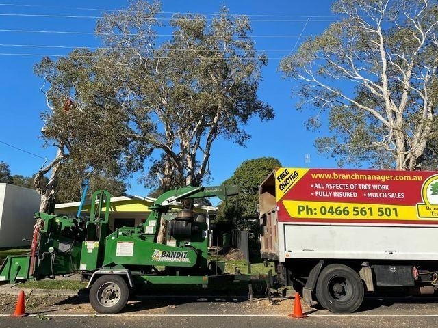 A Truck With a Tree Chipper Attached to It is Parked on the Side of the Road — Branch Manager Tree Services Coolum Beach In Coolum Beach, QLD