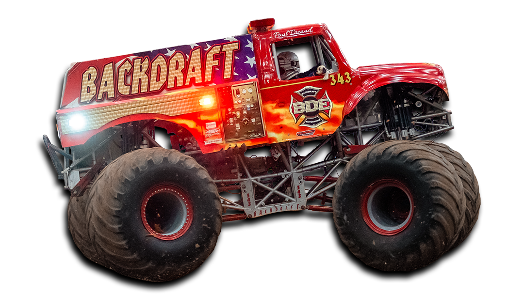 Backdraft monster truck with red and flame design, driving.