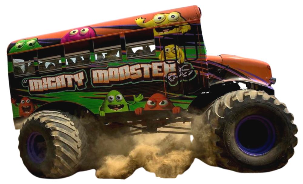 Mighty Monster bus monster truck, orange and green, with monster cartoons, kicking up dirt.