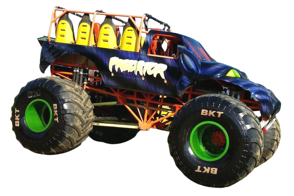 Predator monster truck with orange frame, blue body, and green wheel rims.
