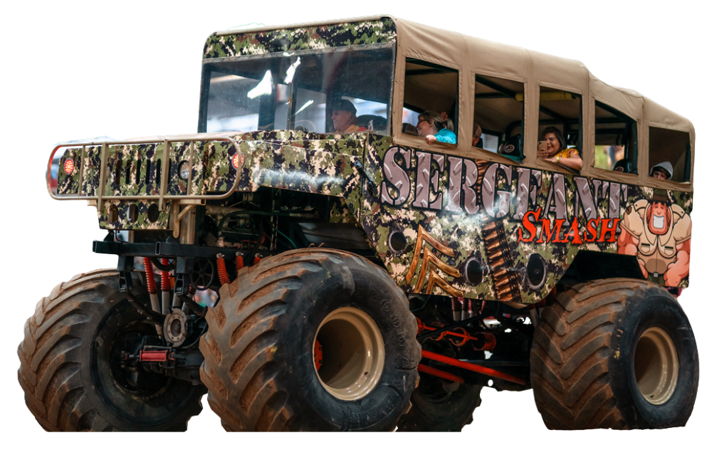 Monster truck with camouflage paint, transporting people.