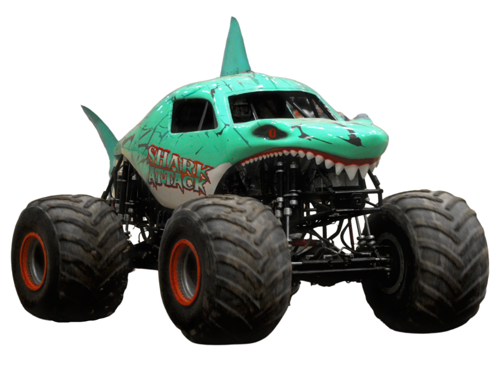 Green and white Shark Wrecks monster truck with large tires, grinning shark mouth, and fin.