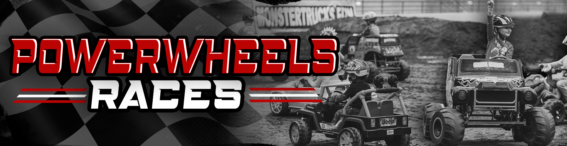 Powerwheels Races logo with race vehicles on a dirt track, checkered flag on the left.