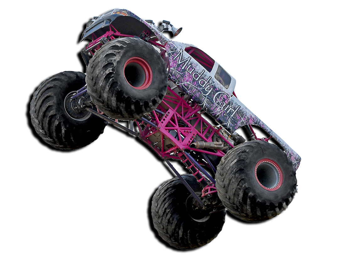 Monster truck, pink and black, tilted in air.
