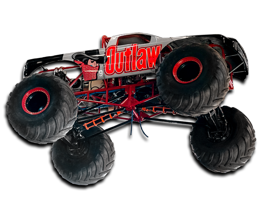 Outlaw monster truck with black tires and red accents on white background.