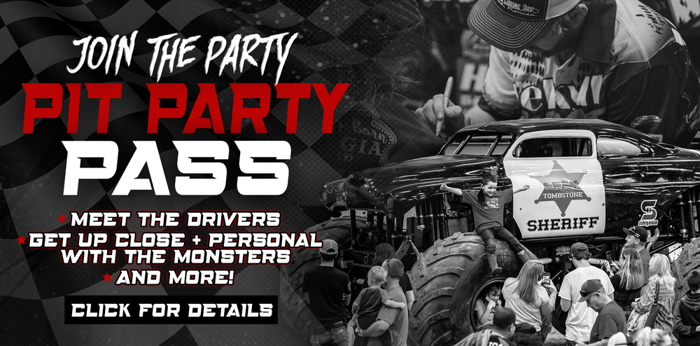 Promotional graphic: Pit Party Pass with monster truck, 