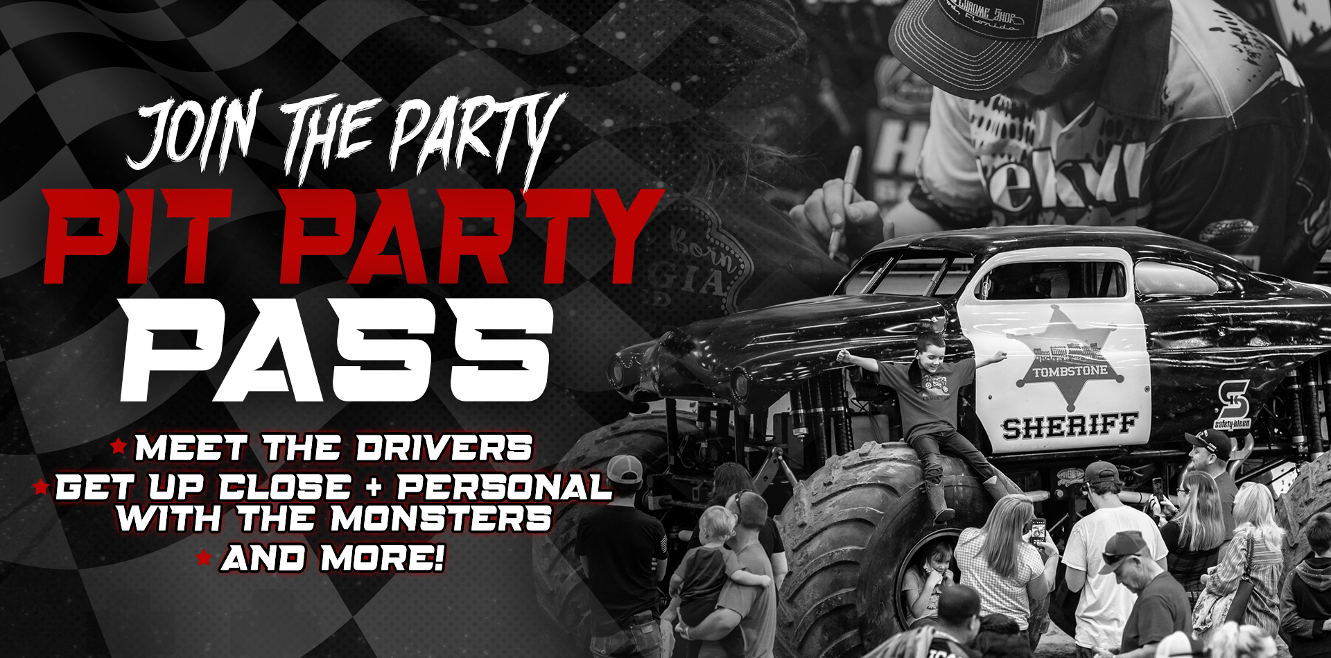 Promotional graphic for a monster truck event, highlighting a
