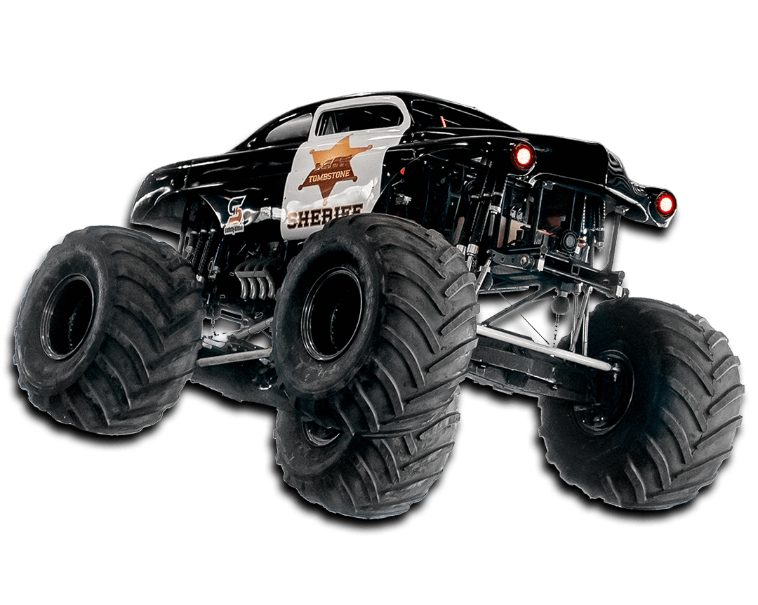Black monster truck with sheriff badge, large tires.