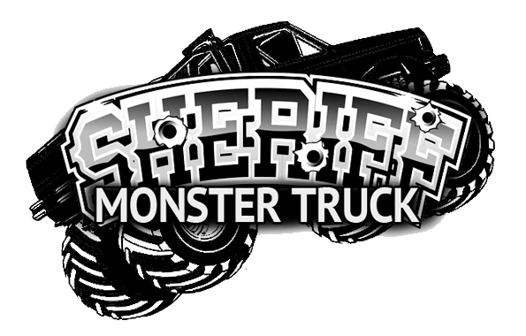 Sheriff monster truck logo with text overlay on top of a black truck.