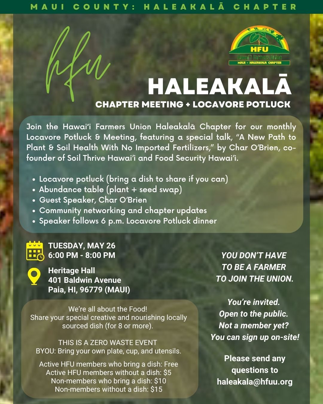 HALEAKĀLA chapter meeting flyer in green and brown with event details and QR code