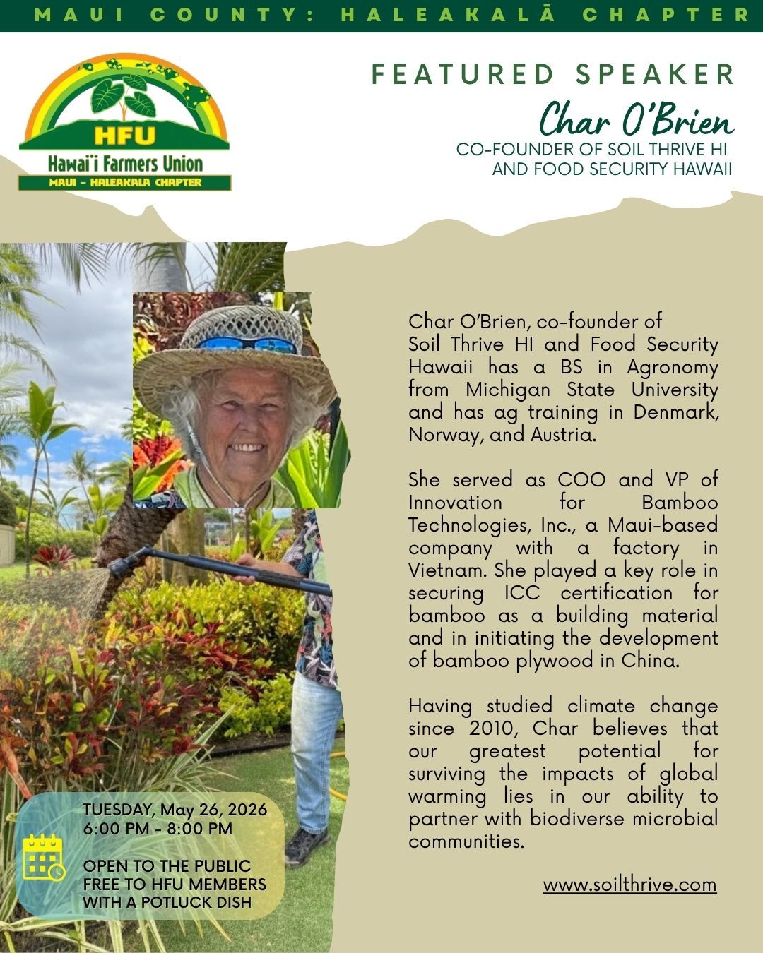 Featured speaker poster with garden photo and text about a Maui County HFA event