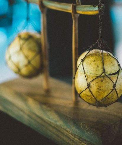 Two yellow fruits wrapped in netting hanging from wooden frames