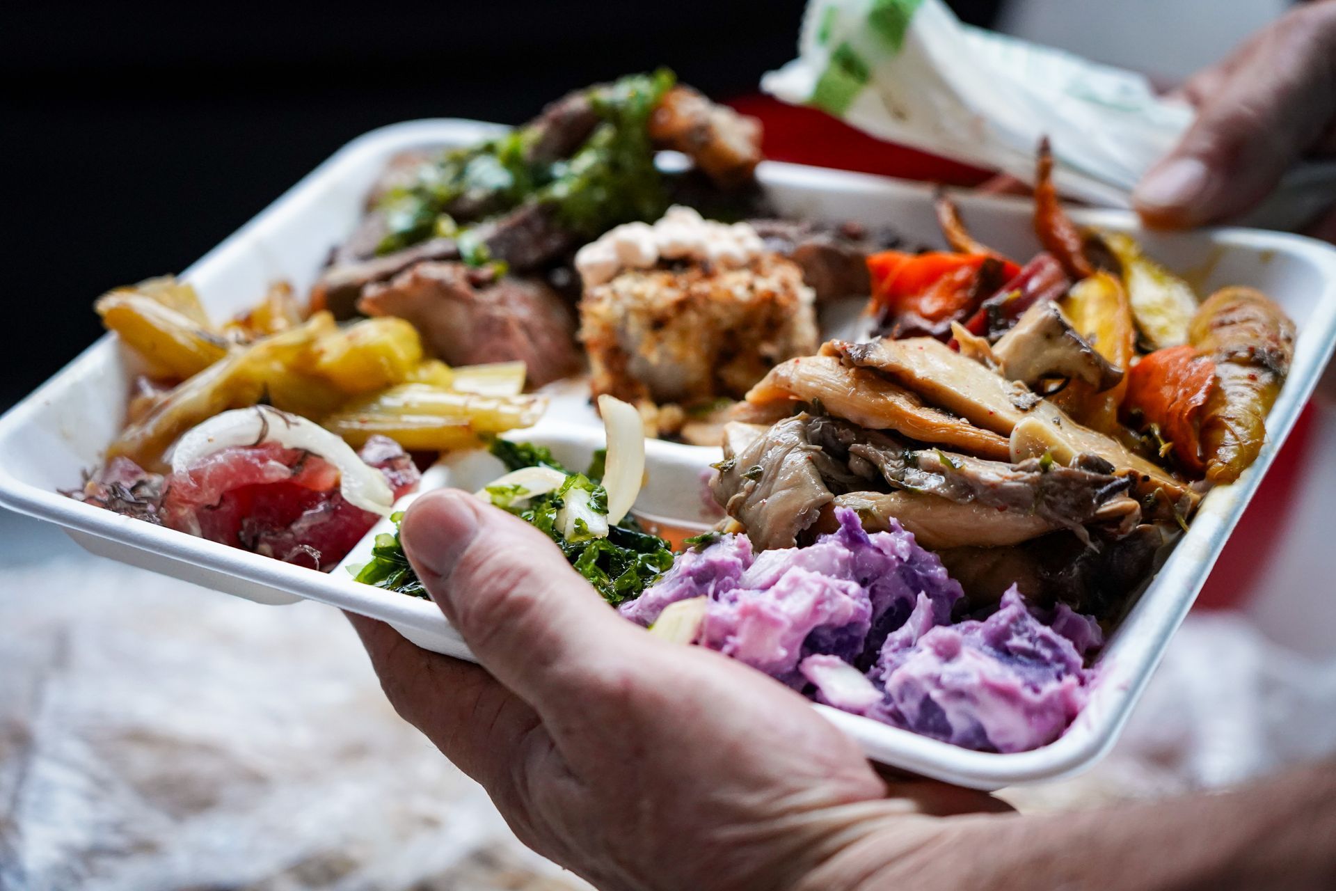 Takeout tray of assorted food, including grilled meat, potatoes, and purple coleslaw, held in a hand