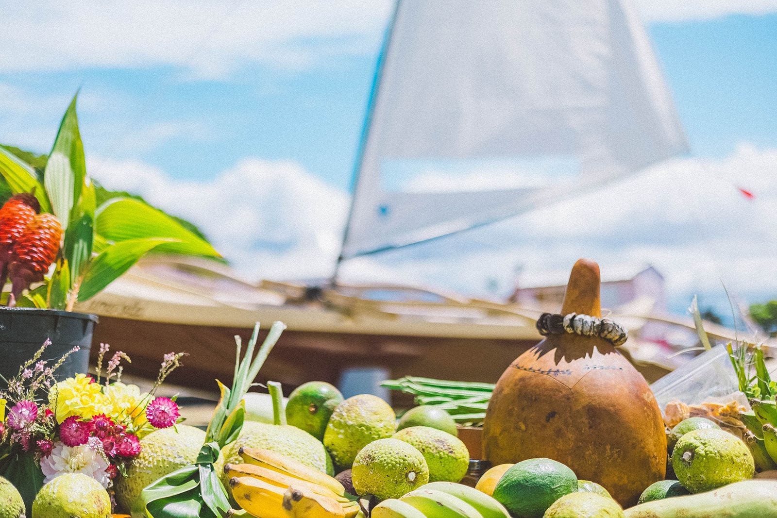 Colorful produce on a market stall with melons, flowers, and a glass bottle under a bright sky