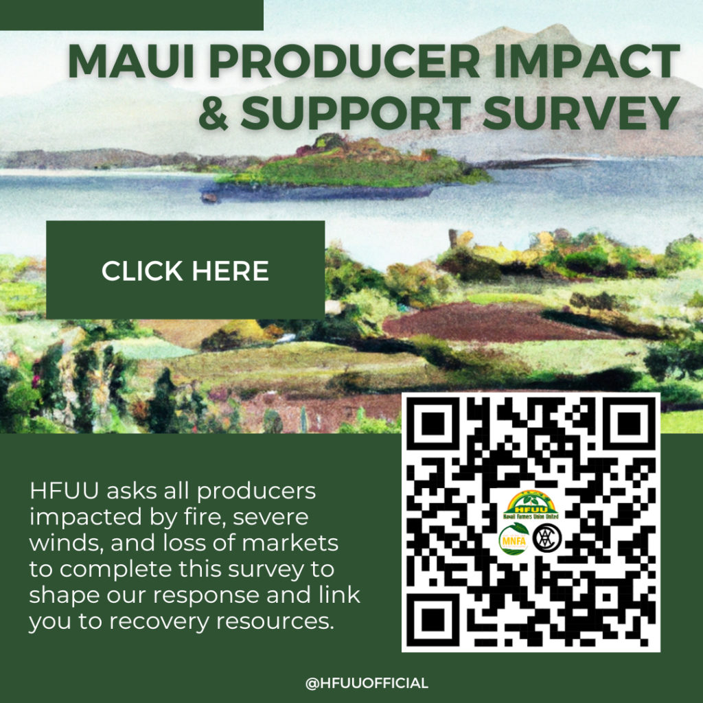 Maui producer impact and support survey poster with QR code and “Click here” button