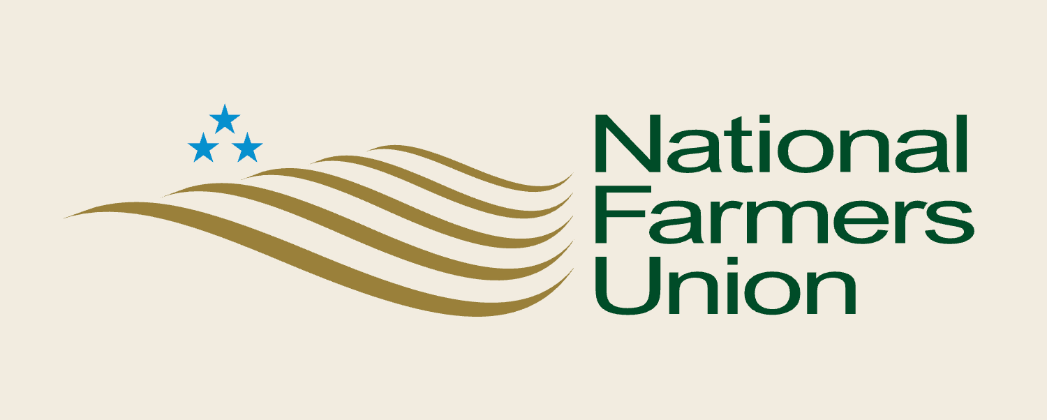 National Farmers Union logo with green text, gold waves, and two blue stars