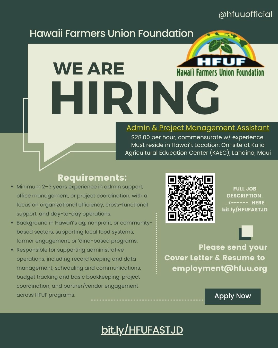 Hawaii Farmers Union Foundation hiring flyer with green background, QR code, and application email instructions