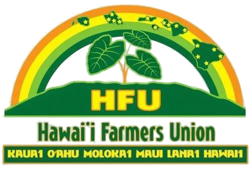 Hawaiʻi Farmers Union logo with green leaves, yellow arch, and text for Kauaʻi, Oʻahu, Molokaʻi, Maui, Lānaʻi, Hawaiʻi
