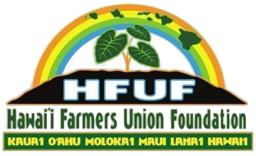 HEU Hawaii Farmers Union Foundation logo with rainbow, green leaves, and Hawaiian islands names
